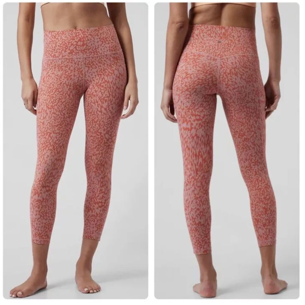 ATHLETA Women's Small Orange Salutation Stash Pocket Patterned 7/8 Legging